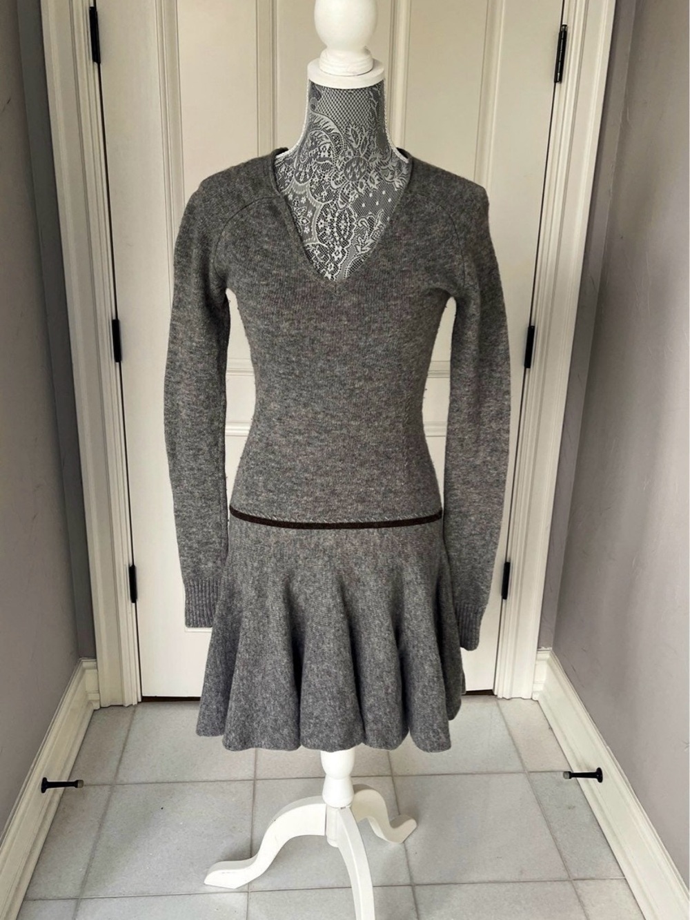 BCBGMaxAzria Gray Knit V‑Neck Fit-and-Flare Mini Dress